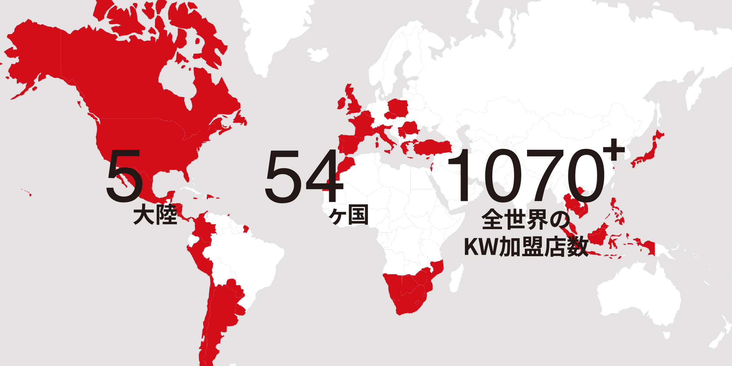 5大陸 54ヶ国 1070+全世界のKW加盟店数